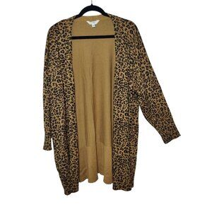 Terra & Sky Brown Leopard Open Long Line 3/4-Sleeve Cardigan 2X (20W-22W)